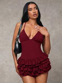 SHEIN BAE 女士纯色叠层露背连体裤 - 酒紅色 - 查看 4