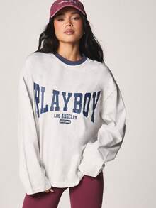 Missguided x Playboy 洛杉矶长袖印花T恤，饰有撞色海军蓝滚边和棒球印花 - 淺灰色 - 查看 1