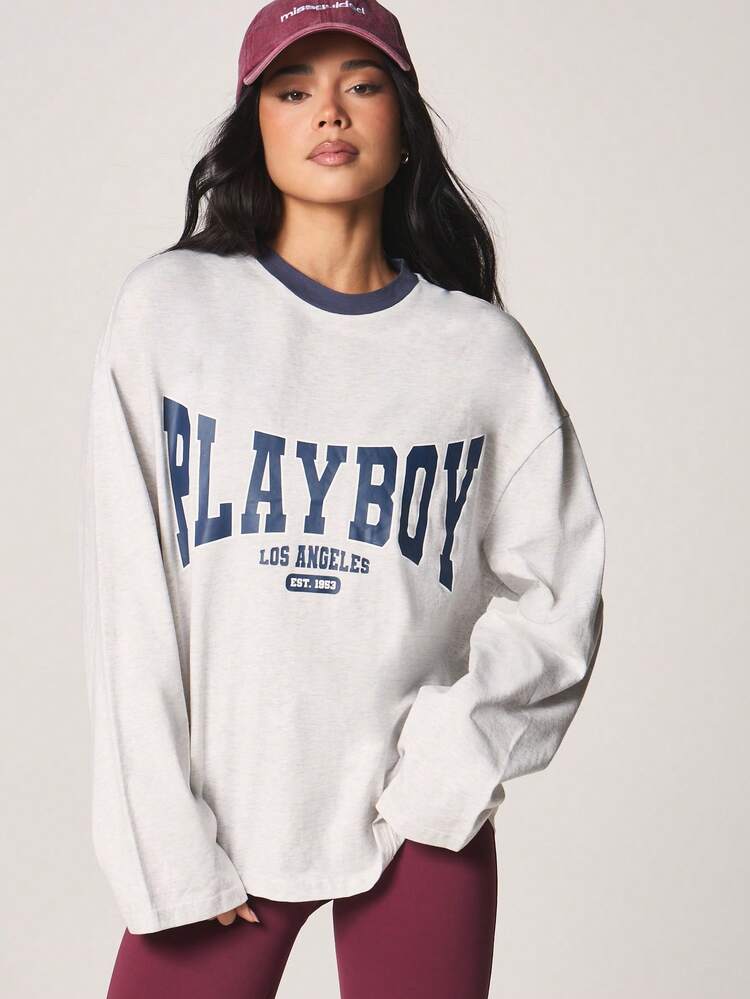 Missguided x Playboy T-shirt grafica a maniche lunghe Los Angeles con bordo a contrasto blu navy e stampa varsity