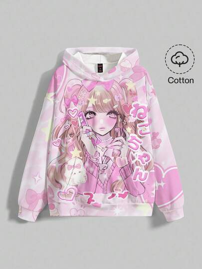 Sudadera holgada de estilo Y2K con estampado de chica anime y corazón japonés para mujer talla grande, primavera/otoño