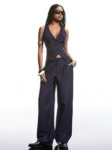 LYSMO Women's Casual Commuter Striped Blazer Vest And Pants Suit Set In Fall/Winter - Navy Blue - View 3