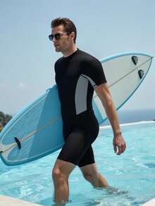 Manfinity Swimmode Men's Contrast Color Short Sleeve Jumpsuit Swimwear For Beach Vacation