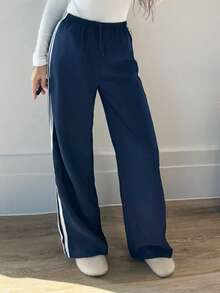 RebeccaVibe 对比条纹抽绳腰直筒裤 - 藏蓝色 - 查看 3