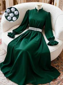 GlowEve 斋月女士喇叭袖珍珠腰饰A字长裙，优雅百搭，适合日常通勤、时尚节、法式街头风、复古风，也适合情人节、派对、新年等场合，橄榄绿，早春/秋冬新款长袖连衣裙 - 墨綠色 - 查看 9