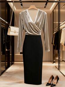 GlowEve Đầm midi nữ bằng nhung phối màu, eo xếp ly, xẻ tà, thanh lịch, thích hợp cho đi làm hàng ngày, thời trang, nghỉ lễ, phong cách đường phố Pháp, cổ điển, đa năng, phù hợp cho ngày Valentine, hẹn hò, tiệc tùng, năm mới, phối màu kaki đen, tay dài, đầm mới cho đầu xuân/thu. - Nhiều màu - Xem 3