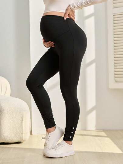 SHEIN Leggings de maternidad casuales de unicolor con cintura elástica, diseño de botones y drapeado
