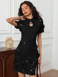 EastFlair 女士3D立体花卉装饰搭扣设计短袖修身优雅迷你连衣裙 - 黑色 - 查看 3