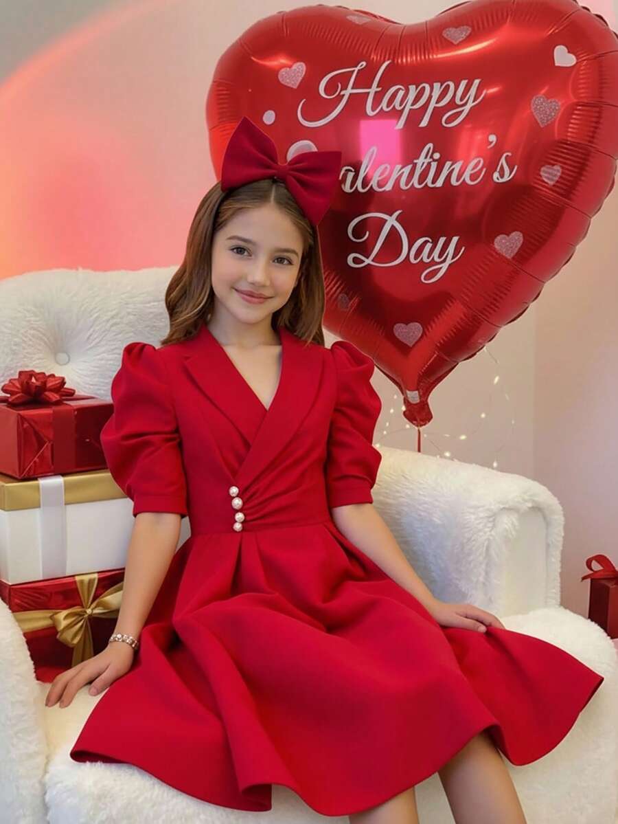 SHEIN 1件少女翻领泡泡袖A字中长连衣裙,优雅日常通勤连衣裙 - 紅色 - 查看 1