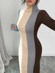 SHEIN Elenzya 女士撞色高领针织修身中长连衣裙，优雅时尚，适合秋冬季穿着 - 彩色 - 查看 5