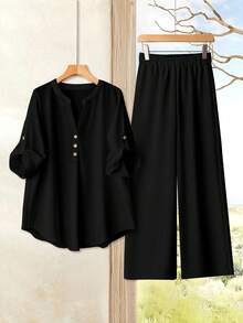 Rusticease Plus Size Women's Casual Minimalist Resort Style Black Top And Black Pants 2 Pieces Set, Suitable For Summer To Early Autumn,Spring/Vacation - Multicolor - View 5
