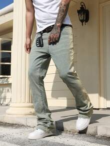Manfinity Roughcore Men's Horseshoe Embroidered Flared Jeans,Light Blue Summer Streetwear City Break Casual Street Style Pants For All Seasons Daily Wear Weekend Outings - Light Wash - View 4