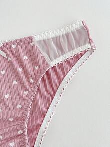 PetitDoll 2pcs Valentine's Day Cute Striped Heart Print Patchwork Underwire Bra Set - Dusty Pink - View 7