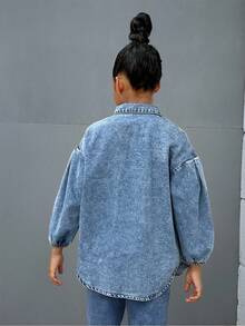 SHEIN 2pcs/Set Young Girl' Blue Denim Lapel Long Sleeve Shirt & Loose Fit Pants,Fall Clothes,Winter Clothing ,Casual And Fashionable Vacation Outfits,2000s Style  ,Christmas Clothing, Young Girl A Loose And Comfortable Shirt Suit,Girl Denim Set , Shirt Suit  Set - Light Wash - View 4