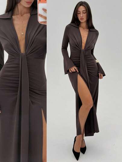 Aloruh Vestido ajustado y elegante de mujer de color café con alto corte en la falda, cuello en V profundo y drapeado, mangas acampanadas, estilizador y favorecedor para fiestas
