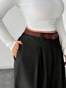 Elenzga Plus Size Women's Wide Leg Pants, Solid Apricot Color, Elegant Style, Fashionable For Commuting And Office Wear - Black - View 6