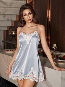 SilkySpell Bộ đồ ngủ nữ bằng ren satin mỏng manh, thanh lịch và gợi cảm. - Màu xanh nhạt - Xem 6