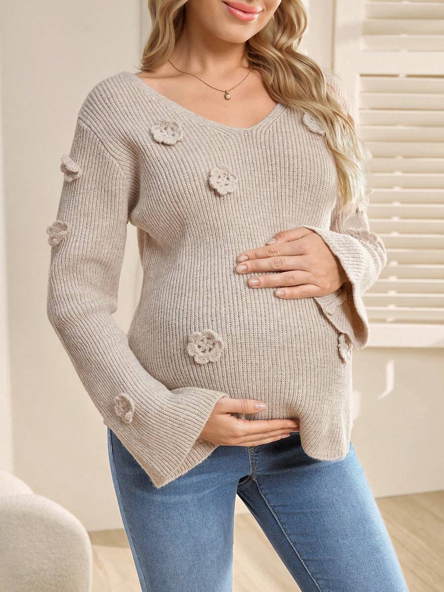 SHEIN 孕妇V领3D立体花卉长袖毛衣,秋冬季休闲款 - 卡其色 - 查看 1