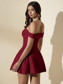 SHEIN BAE 女士白色可爱甜美优雅露肩连衣裙，纯色泡泡裙，收腰A字泡泡裙，适合返校、生日派对、夏日连衣裙 - 酒紅色 - 查看 2