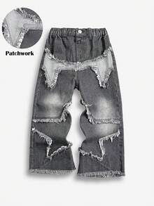 SHEIN Young Boy Casual Fashion Street Daily Commute Raw Edge Star Pattern Loose Fit Jeans, Summer - Grey - View 7