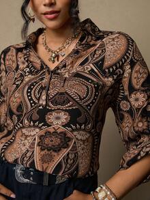 SHEIN LUNE 大码春季休闲植物印花中袖衬衫 波西米亚风情人节修身衬衫 - 彩色 - 查看 7