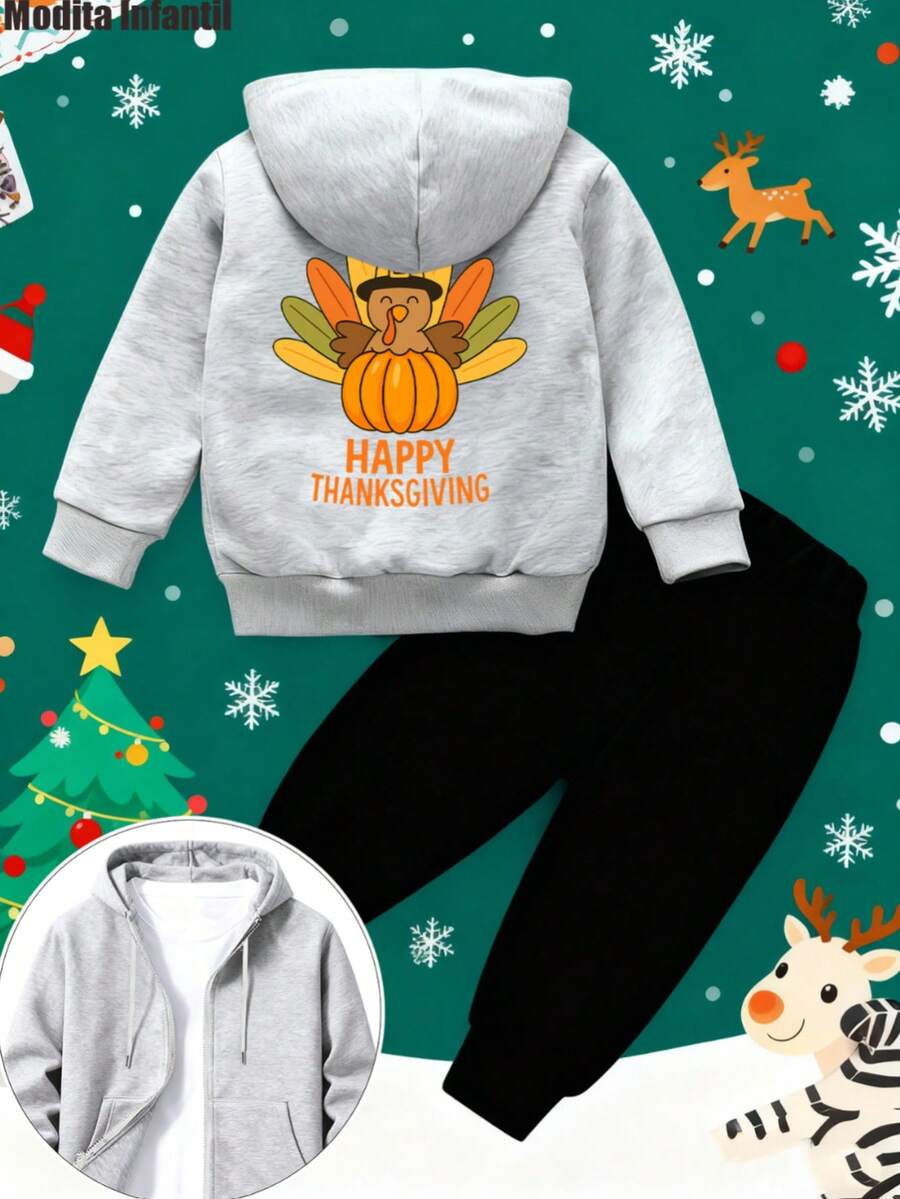 KID010-1|Navidad|2 piezas Chaquetas y pantalones para niños|Conjunto de ropa infantil para fiestas con gorro capucha gris con diseño de pavo para Thanksgiving, combinado con pantalones negros, perfecto para los momentos cálidos de la temporada navideña - Gris - Ver 1