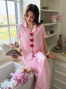 Snug Reverie 两件套女士浪漫条纹爱心印花短袖睡衣套装 - 淺粉色 - 查看 8