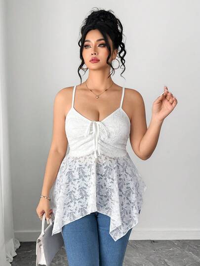 Elenzga Plus Size Women's Elegant Solid Color 3D Lace Floral Irregular Camisole, Suitable For Daily Wear, Outdoor Photos, Club Parties, Dates And Matching Tops