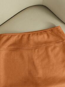 Franclia 时尚新款绒面高腰修身A字开衩短裙，女士春秋季 - 棕色 - 查看 7