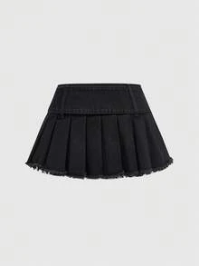 ROMWE Avant Women's Halter Neck Fitted Denim Top Paired With Low Waist Pleated Denim Skirt, 2 Pieces Denim Suit - Black - View 5