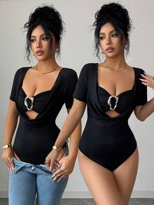 Body elegant pentru femei Elenzga, guler ascuțit, decor cu frânghie metalică, mânecă lungă, 2 în 1, negru - Negru - Vizualizare 8