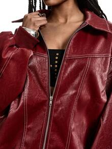 LYSMO 秋冬季宽松翻领纯色拉链休闲长袖PU皮夹克 - 紅色 - 查看 7