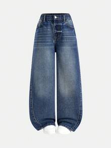 SHEIN ChillGRL Tween GirlsCasual Basic Comfortable Elegant Fresh Wide Leg Loose Fit Pure White Jeans - Medium Wash - View 4