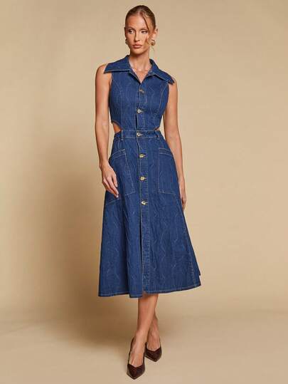 COSMINA Retro Elegant Niche Design High-End Sleeveless Denim Dress, Backless, Metal Buckle Decor, Large Pockets, Blue Denim Dress, Lapel Design, Textured Denim Fabric, Suitable For Summer, Graceful Denim Dress