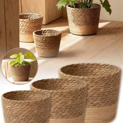 1/2/3件套天然海草编织花盆篮/花盆架/大号/中号/小号套装，家居装饰花瓶/农舍风装饰/海岸风编织壁挂篮/收纳整理架，适用于客厅、浴室，春夏装饰