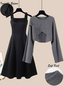 GlowEve 女士不规则下摆针织套头衫和收腰A字连衣裙套装，休闲日常法式优雅通勤时尚复古商务度假装，灰色长袖针织衫和深灰色连衣裙，早春/秋季新品两件套 - 彩色 - 查看 1