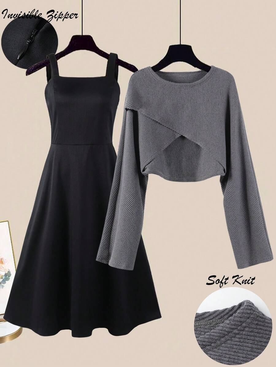 GlowEve 女士不规则下摆针织套头衫和收腰A字连衣裙套装，休闲日常法式优雅通勤时尚复古商务度假装，灰色长袖针织衫和深灰色连衣裙，早春/秋季新品两件套 - 彩色 - 查看 1
