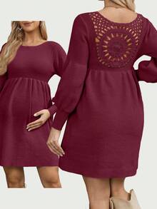 SHEIN Maternity Sweater Dress With Back Hook Flower Design, Long Sleeve Mini Dress - Burgundy - View 1