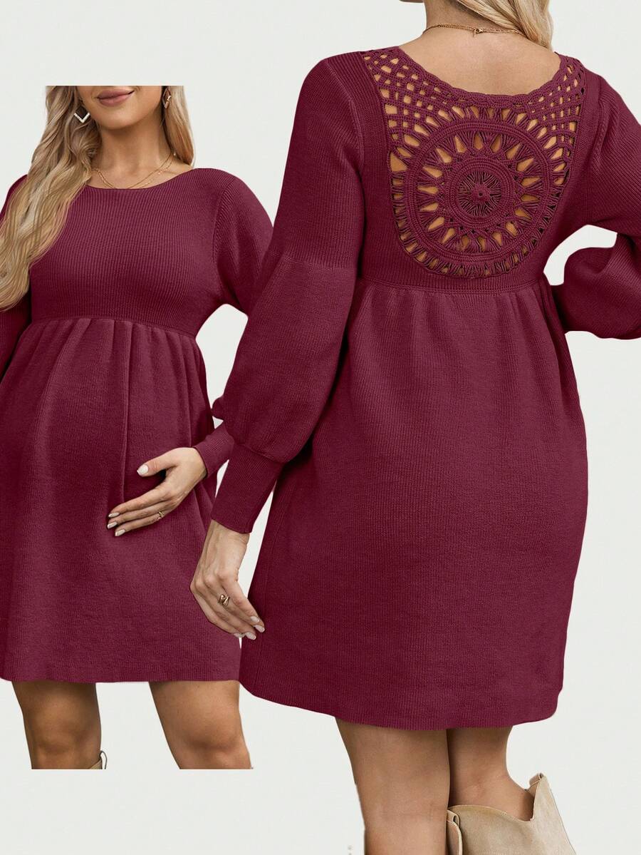 SHEIN Maternity Sweater Dress With Back Hook Flower Design, Long Sleeve Mini Dress - Burgundy - View 1