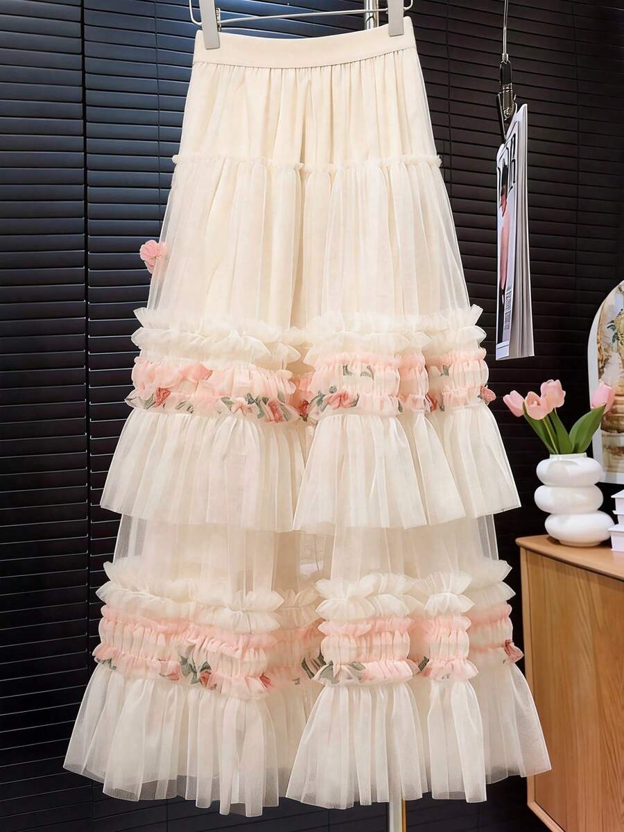 SHEIN Franclia 女士浪漫网纱粉色印花A字裙，春夏款 - 粉色 - 查看 1