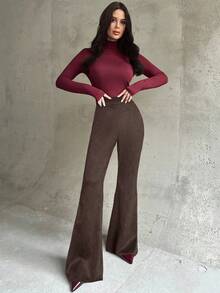 Firerie Women's New Elegant Casual Everyday Commute Fashion Versatile High Waist Slim Fit Brown Suede Flare Pants, Suitable For Autumn/Winter, Airport, Teacher, Office Wear, Cozy Fall, Christmas, New Year - Brown - View 3