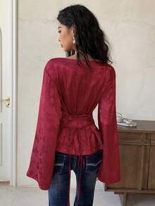 EastFlair 女士提花喇叭袖褶皱优雅时尚衬衫 - 紅色 - 查看 6