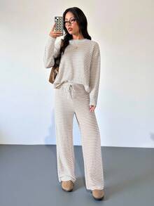 SHEIN PETITE 条纹长袖上衣和裤子两件套休闲度假套装，女士秋季服装 - 紫紅色 - 查看 6