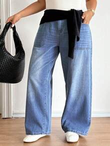 SHEIN CURVE+ Plus Size Fashionable Versatile High Waist Jeans,Loose Plus Size Denim Pants,Straight Wide-Leg Jeans,Light Wash Denim Pants,Elastic Waistband Denim Pants,Multi-Pocket Denim Pants,High-Waist Elastic Waistband Straight Wide-Leg Pants,Plus Size Loose Denim Pants,Multi-Pocket Straight Jeans,Office Casual Versatile Light Wash Denim Pants,Office Casual Versatile Multi-Pocket Denim Pants,Vacation Casual Denim Pants,All-Season Versatile Loose Wide-Leg Pants,Valentine's Day - Blue - View 8
