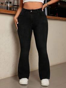 SHEIN EZwear Quần jean denim trơn màu dáng thường ngày dành cho nữ cỡ lớn - màu đen - Xem 6