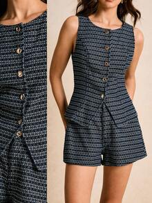 Poéselle Women's Denim Suit,Navy Blue,Summer,Elegant,Brunch All-Print Sleeveless Slim-Fit Vest Jacket And Denim Shorts Set,Medium Blue Casual Work Commuting - Dark Wash - View 2