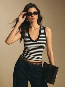 Poéselle 女士撞色条纹无袖休闲背心 - 黑色 - 查看 3