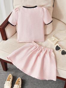 Toddler Young Girls Light Pink Autumn 2 Pieces Set,Colorful Bow Decor Long Sleeve Knit Top & Pleated Skirt,Elegant Casual Comfortable Preppy Outfit - Pink - View 2