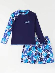 SHEIN 男童泳装套装 - 2 件套 UPF 50+ 防晒泳裤和防晒衣，适合青少年男童长袖泳装套装（尺码：12-16） - 寶藍色 - 查看 8