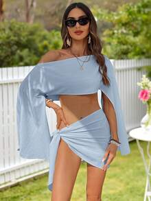 KARISMINA Bộ 2 món gồm áo croptop dệt trơn cổ lệch và chân váy mini thắt eo dành cho nữ, thích hợp mặc đi biển, trang phục mùa xuân cho nữ, trang phục thường ngày khi đi nghỉ mát. - Màu xanh nhạt - Xem 6
