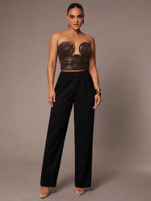 Silquee 女士优雅华丽秋冬派对必备修身万圣节黑色底金色印花性感褶皱抹胸上衣 - 咖啡棕 - 查看 3